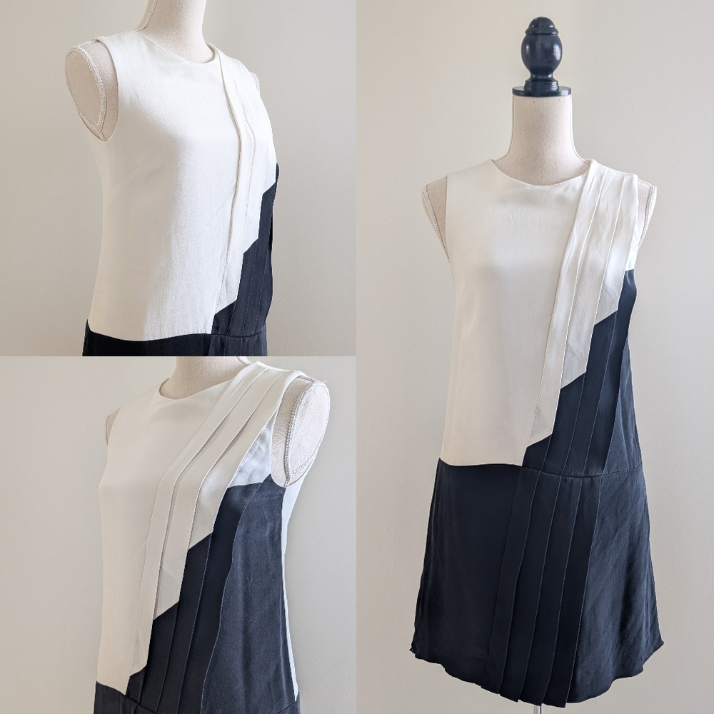 Judith & Charles Silk Black and White Pleated Sleeveless Dress Sz 2